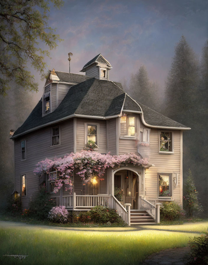 Serene two-story house in twilight with pink flowers and misty woods