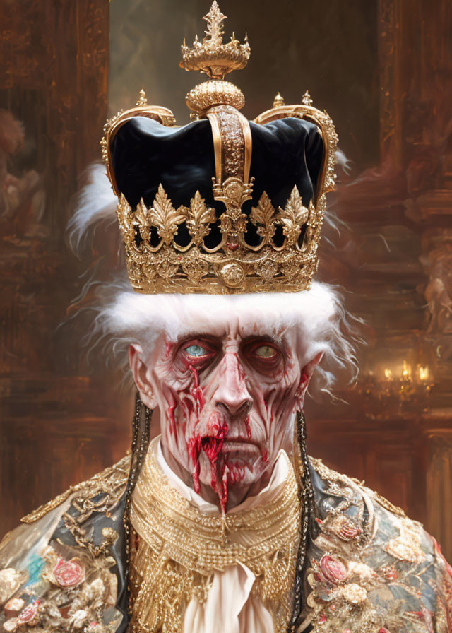 Zombified monarch in ornate crown and regal attire with decay details