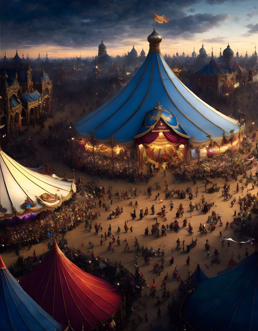 Vibrant festival night scene with elaborate tents and crowds