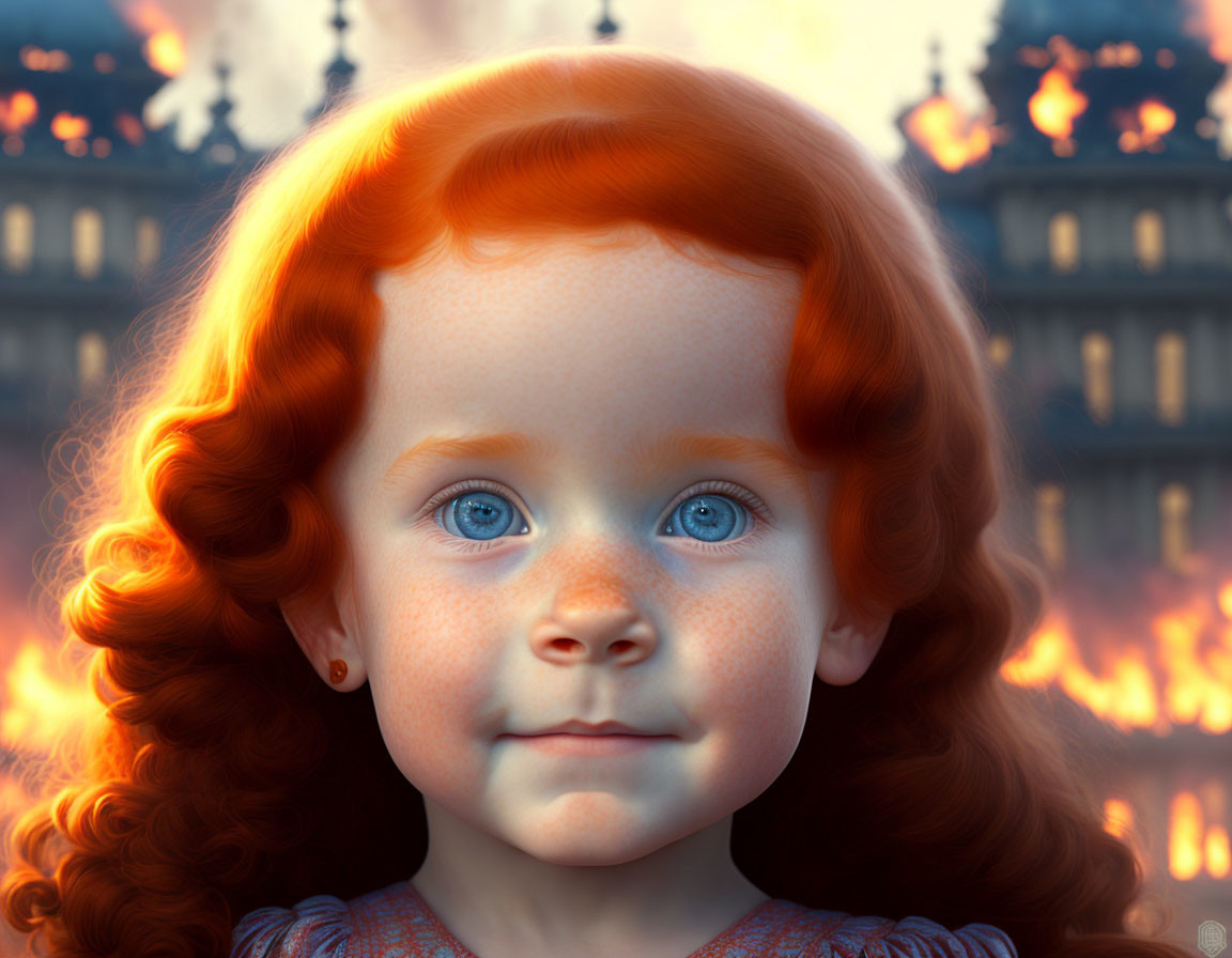 Detailed digital illustration of girl with red curly hair and blue eyes, featuring flames and architecture.