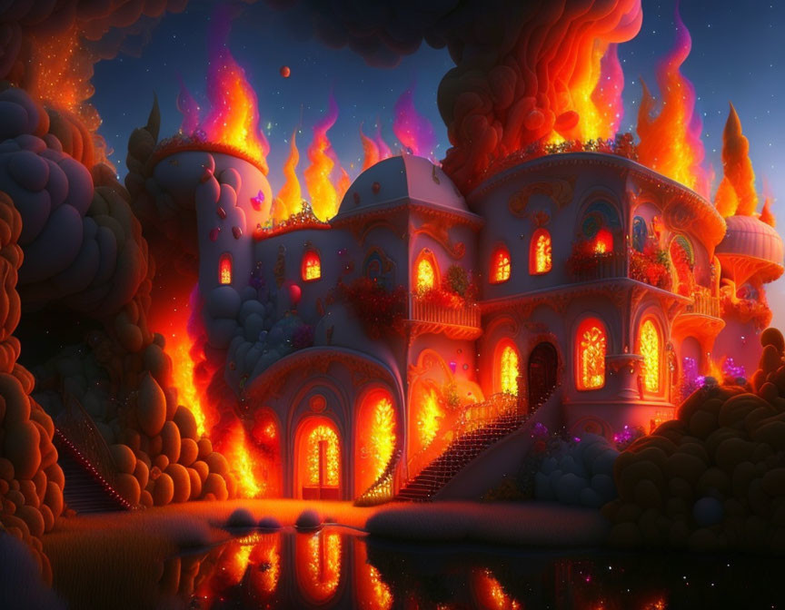 Fantastical fiery palace in dreamlike landscape with glowing hues.