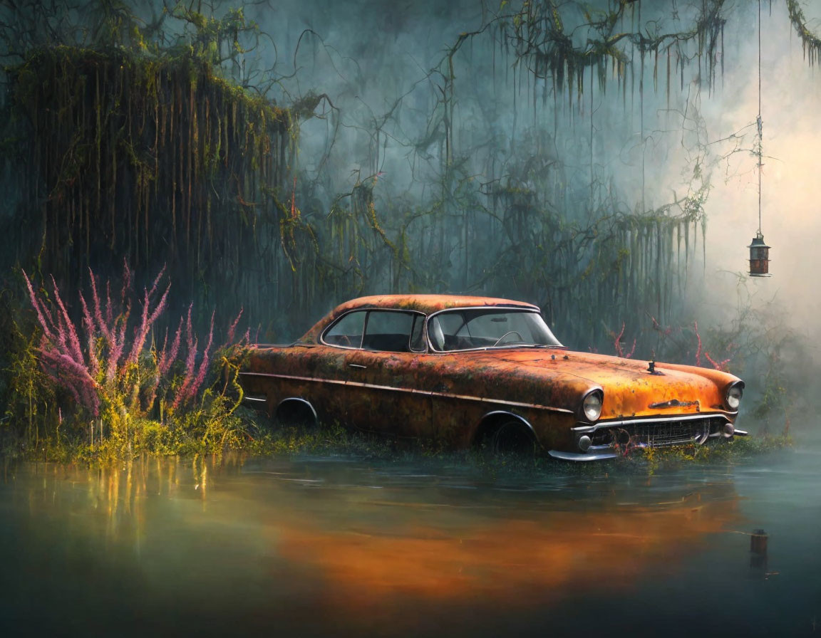 Abandoned vintage car in mystical swamp with lantern, fog, and reflective water