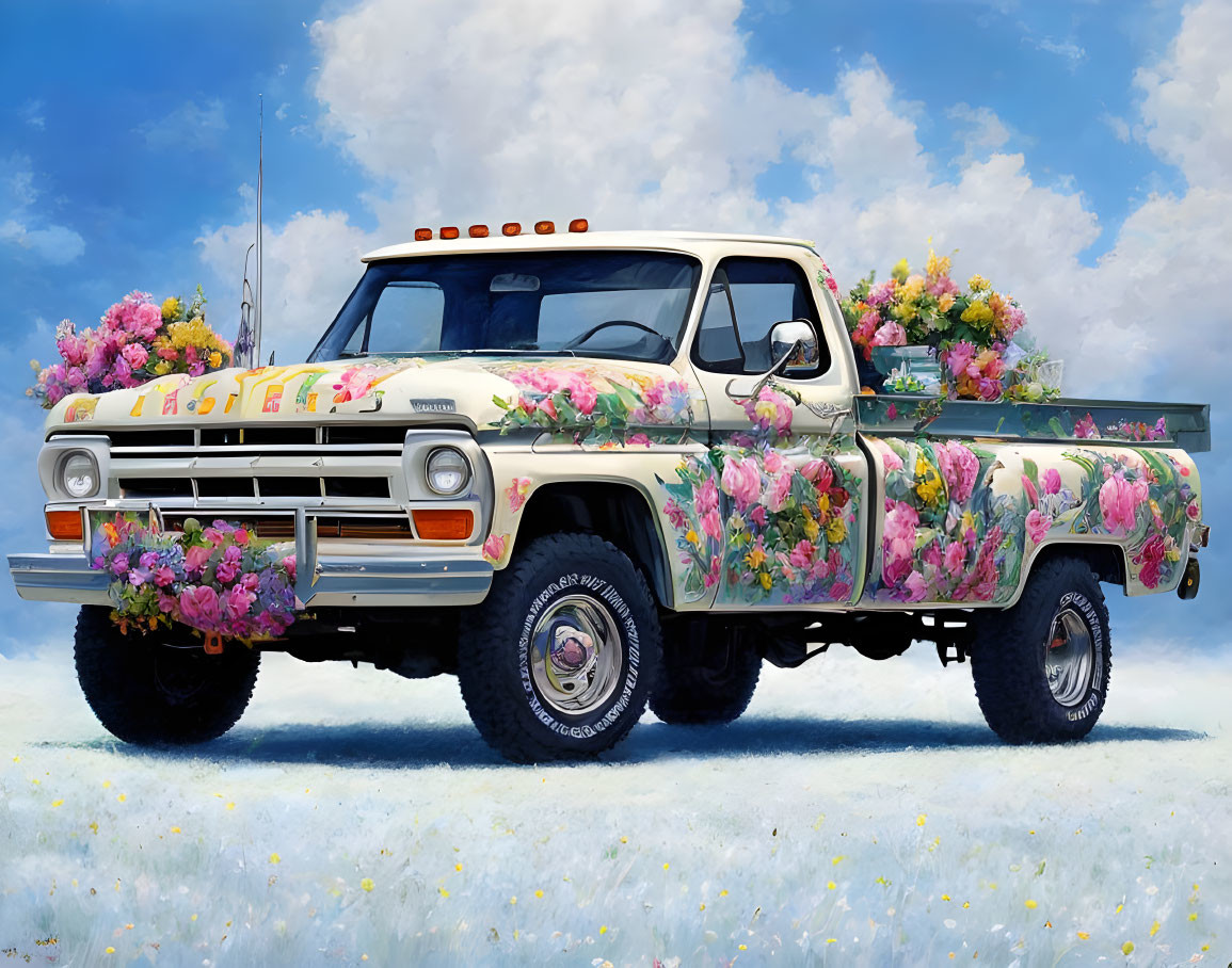 Colorful vintage pickup truck with flowers under blue sky