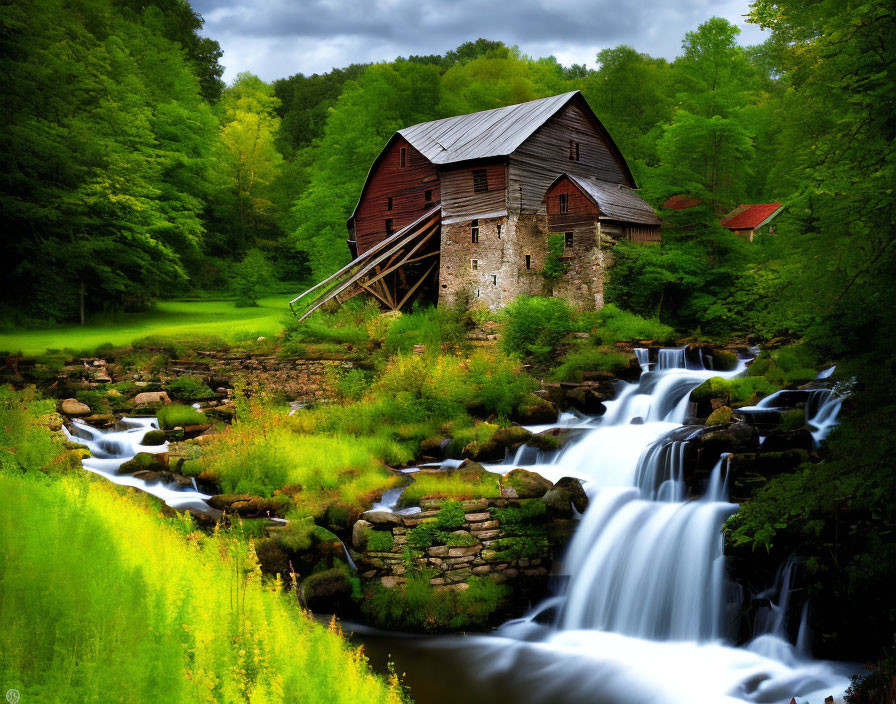 Rustic old mill with waterwheel by cascading stream and lush greenery