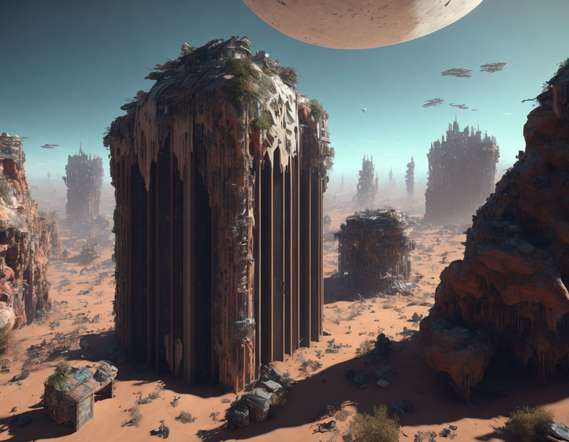 Futuristic sci-fi landscape with towering rock formations and desert buildings.