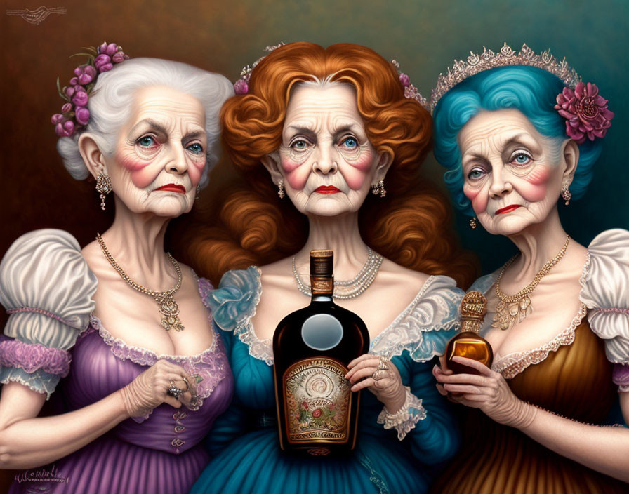 Three elderly women in regal attire with exaggerated makeup and expressions holding a bottle and glasses against a muted