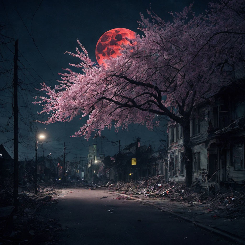 Desolate urban street at night with cherry blossom tree and red moon