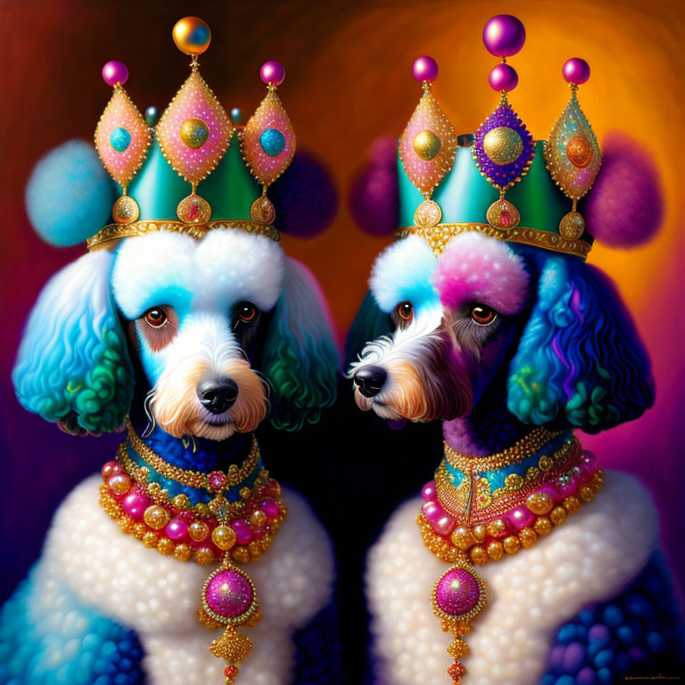 Colorful Poodles in Royal Attire with Bejeweled Crowns and Vibrant Fur