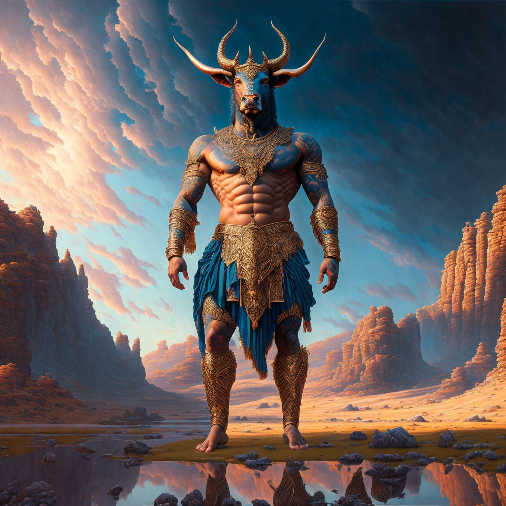 Golden-armored bull-headed humanoid in desert landscape under dramatic sky.