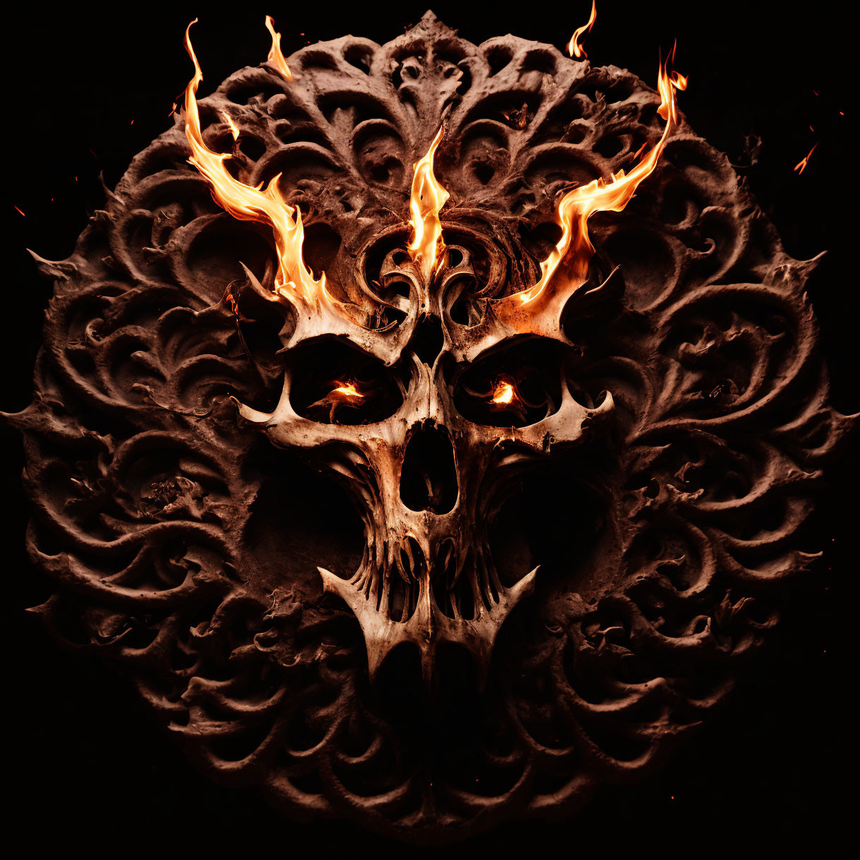 Flaming skull on dark background: mystical and ornate design