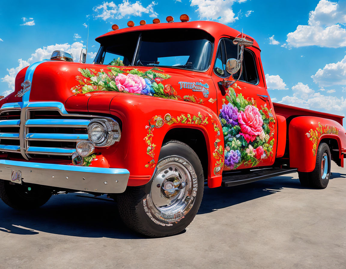 Vintage red truck adorned with large floral prints under clear blue sky