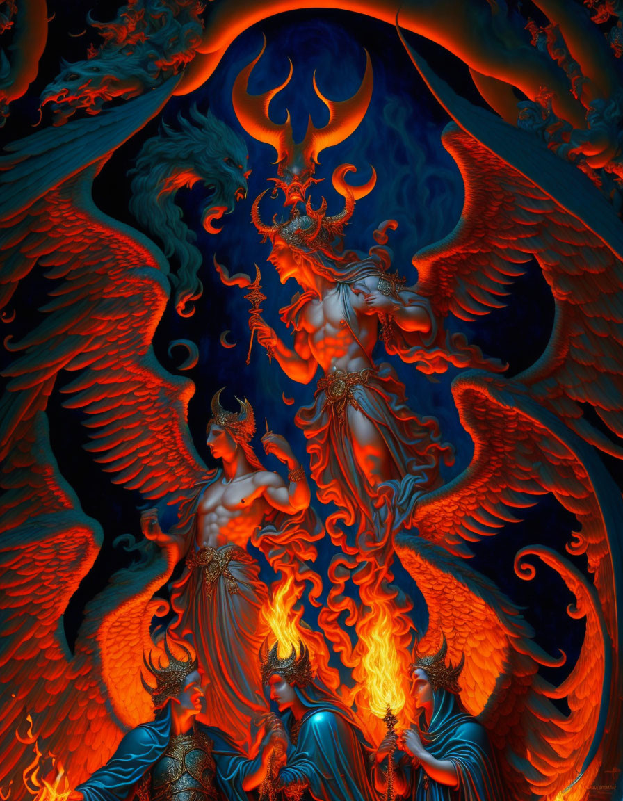 Mythological beings with phoenix attributes in fiery dance