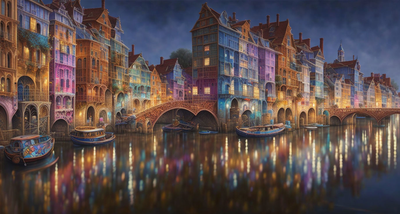 Picturesque Canal with Colorful Houses and Stone Bridges at Twilight