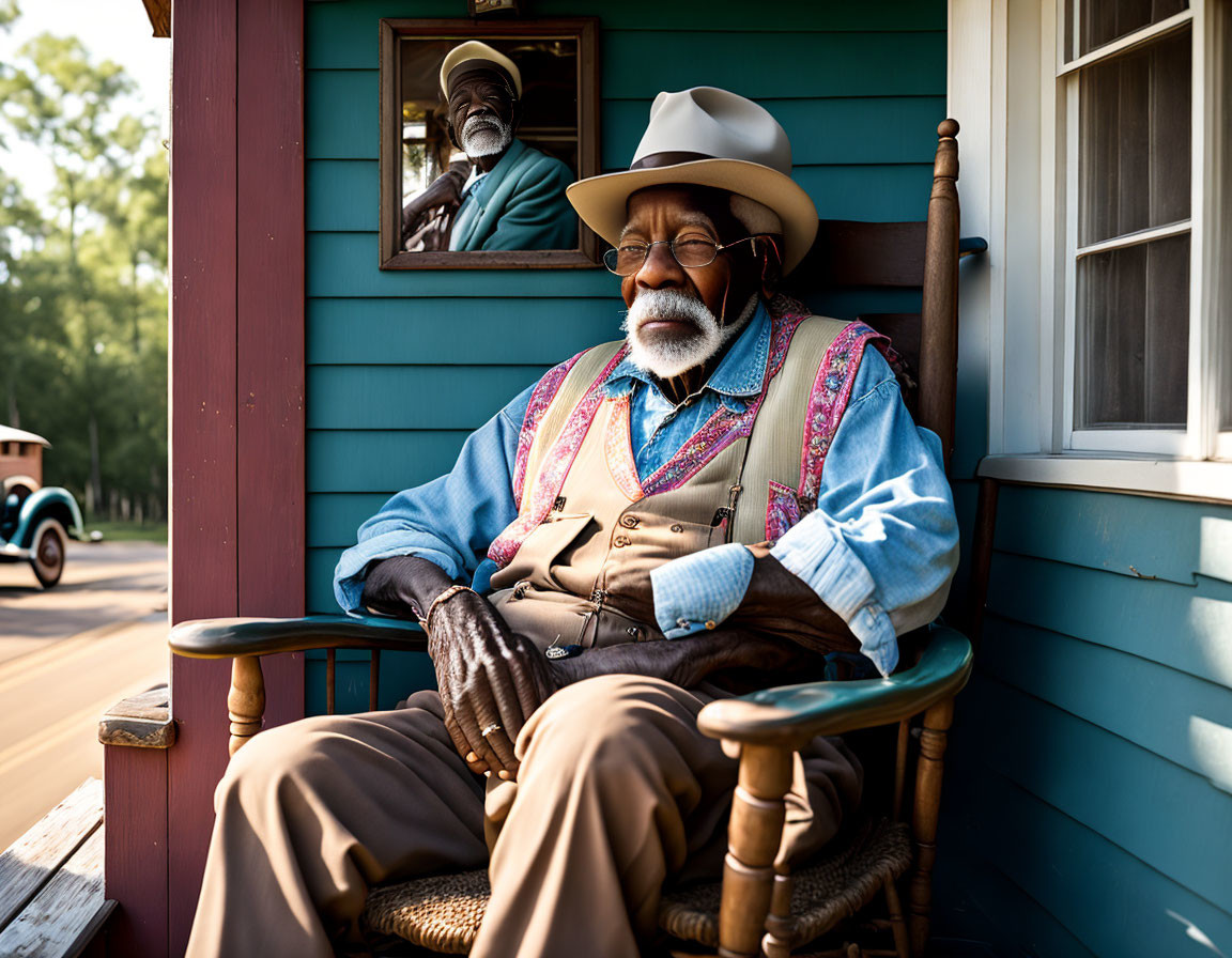 Elderly man in hat on porch with reflection in window