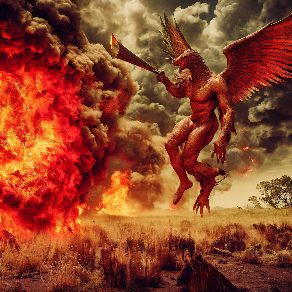 Winged mythical creature with flaming spear over blazing wildfire