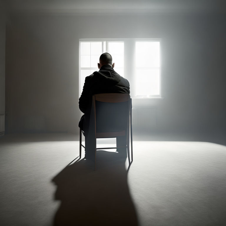 Person sitting in chair casts long shadow in dimly lit room