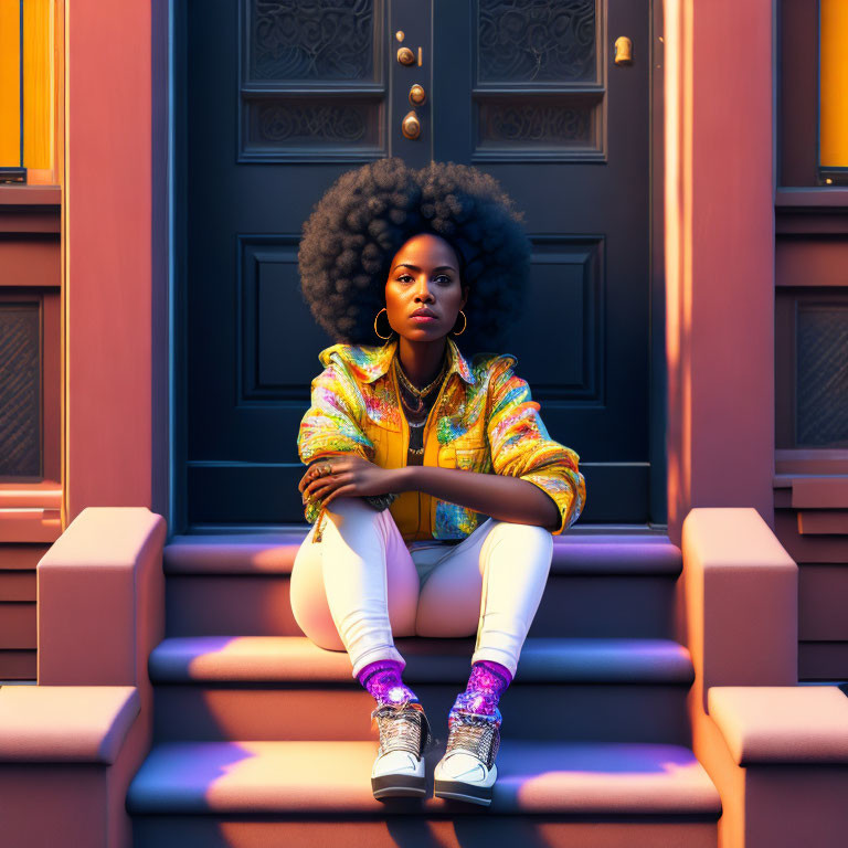 Stylish woman with afro on purple steps in vibrant outfit