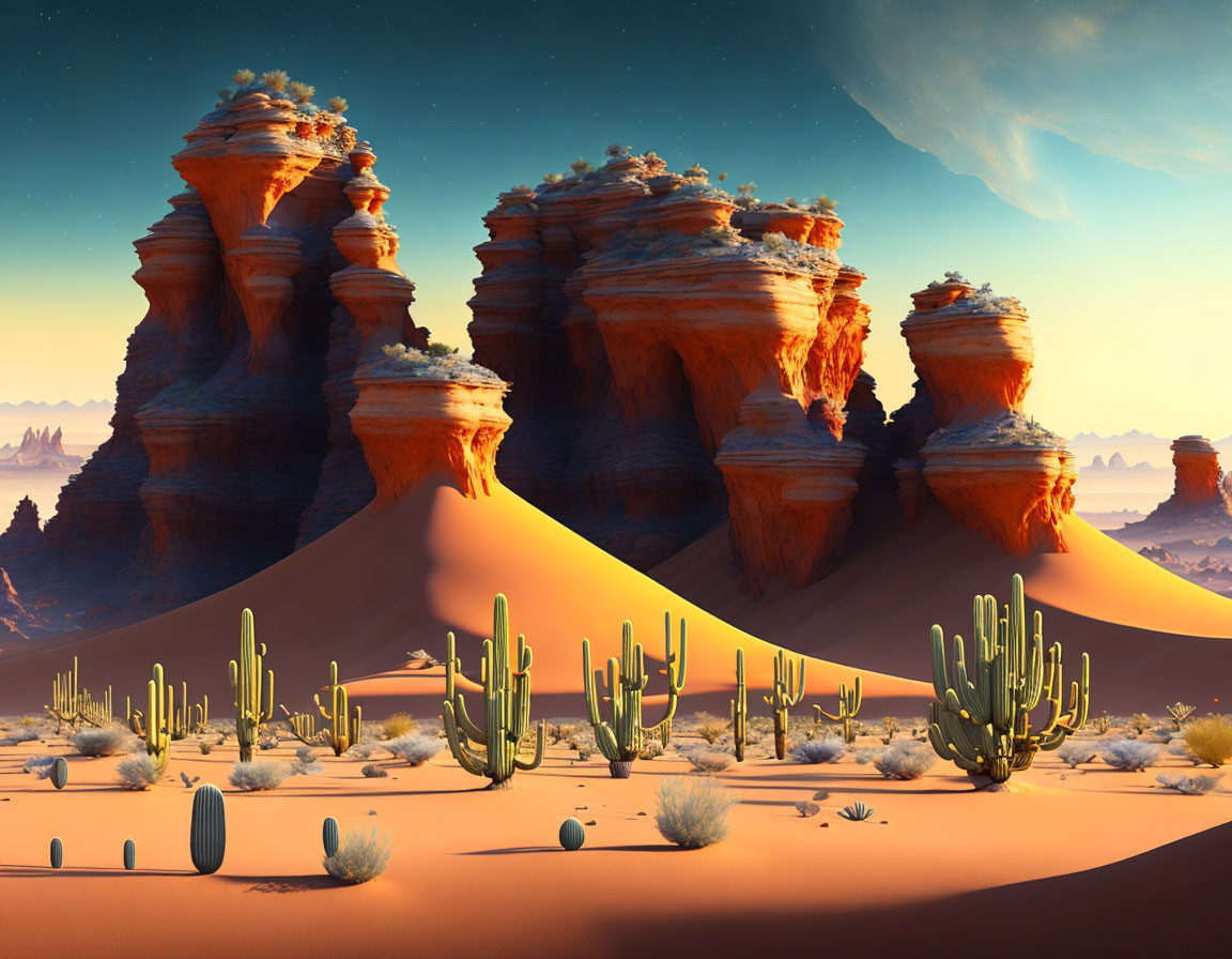 Dusk desert landscape with towering rocks, cacti, and twilight sky