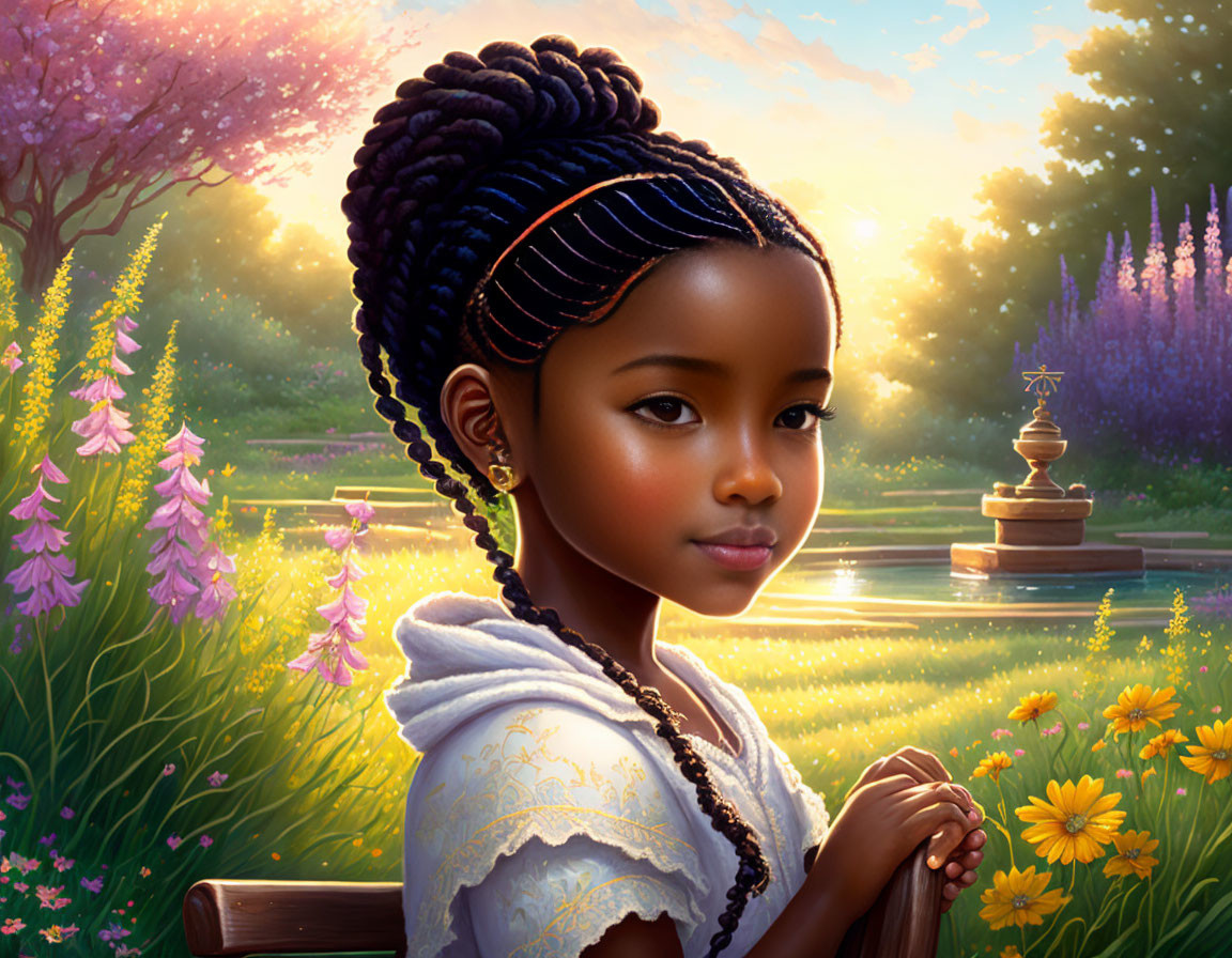 Digital artwork: Young girl with braided hair in serene garden at sunset