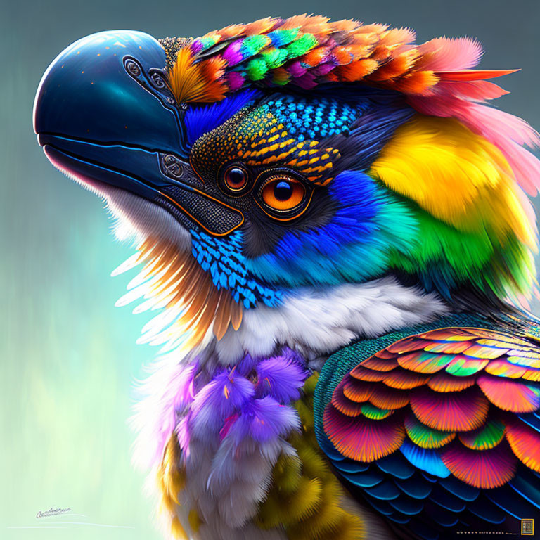 Colorful Bird Digital Artwork with Prominent Beak and Iridescent Plumage