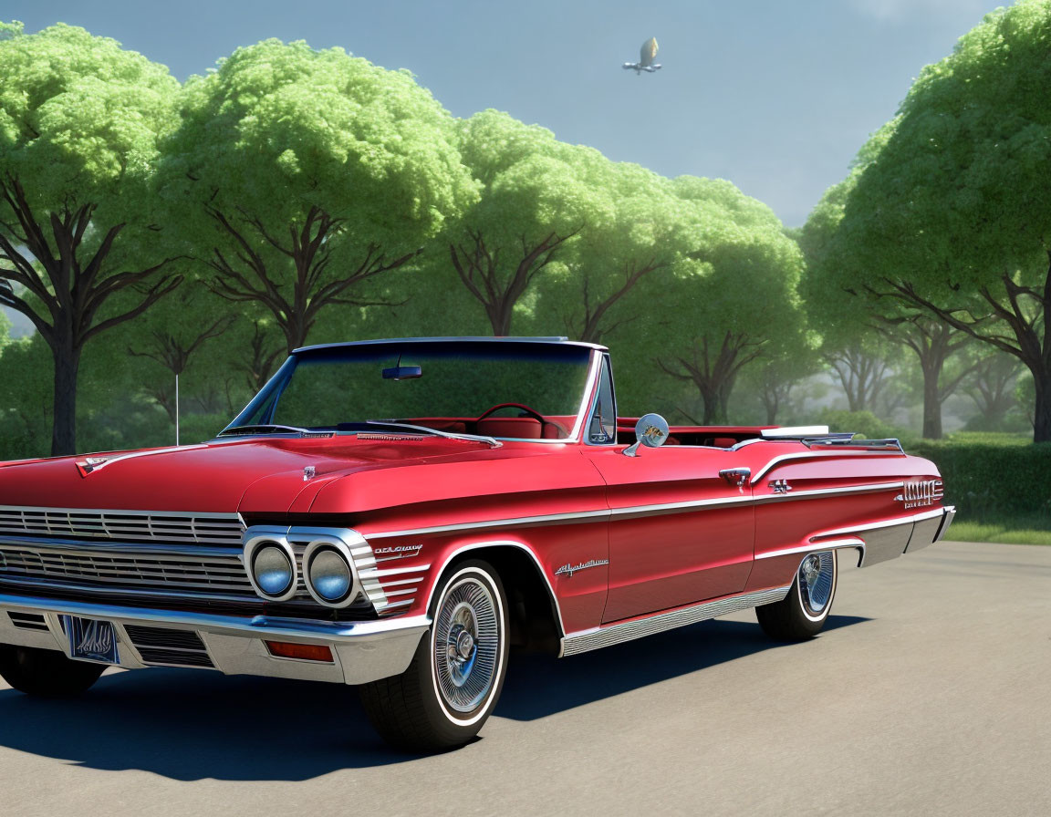 Vintage Red Convertible Car Parked with Trees and Blimp in Sky