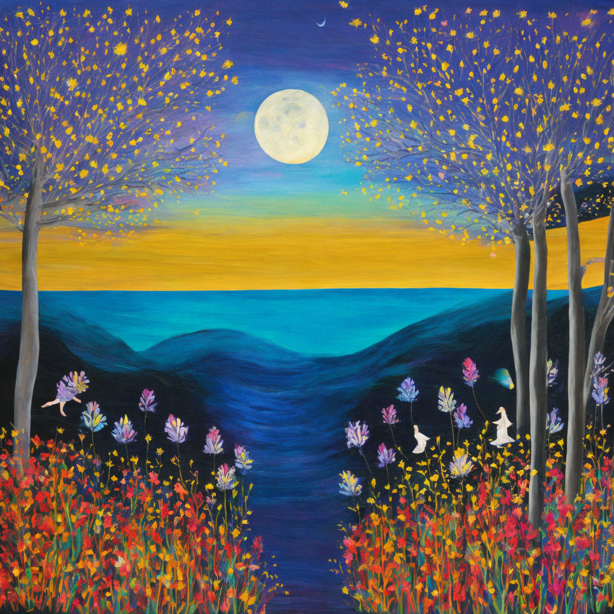 Night scene painting: full moon, starry sky, meadow, sea, silhouetted