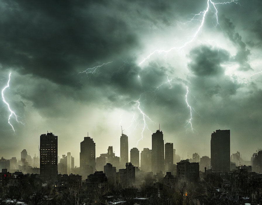 Stormy Cityscape with Lightning Bolts and Darkened Buildings