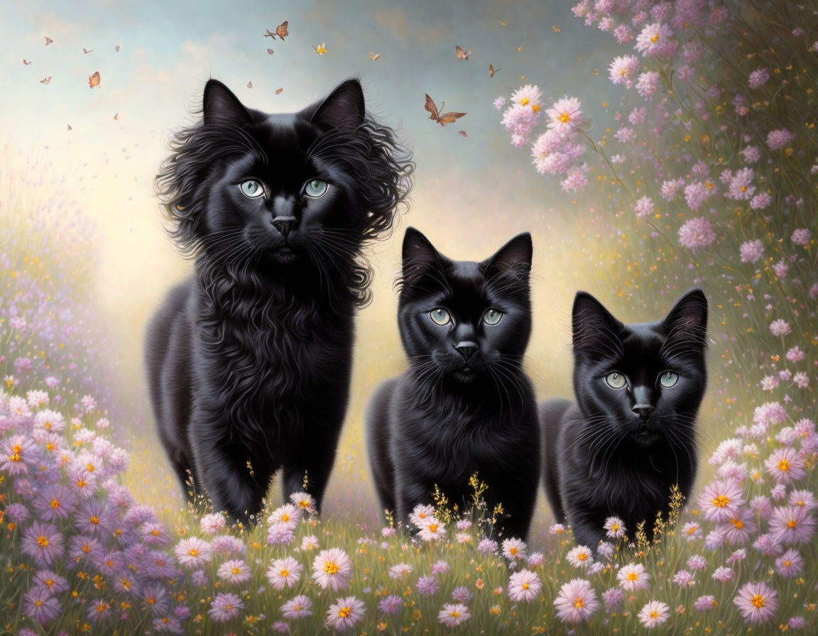 Three black cats with green eyes in pink flower field with butterflies