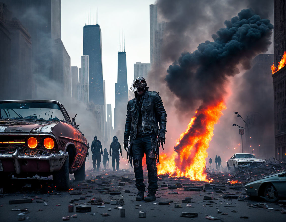 Skull-masked figure in post-apocalyptic city street