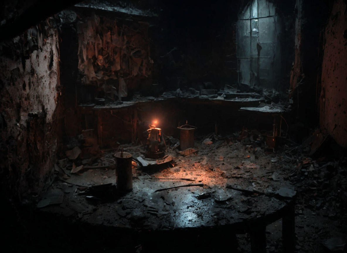 Dimly Lit Burnt Room with Debris and Lanterns