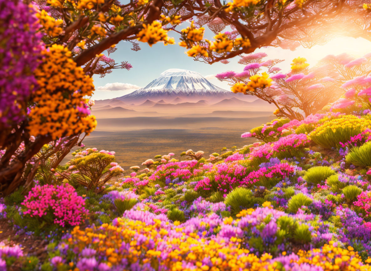 Colorful Flowers in Vibrant Landscape with Snow-Capped Mountain at Sunset