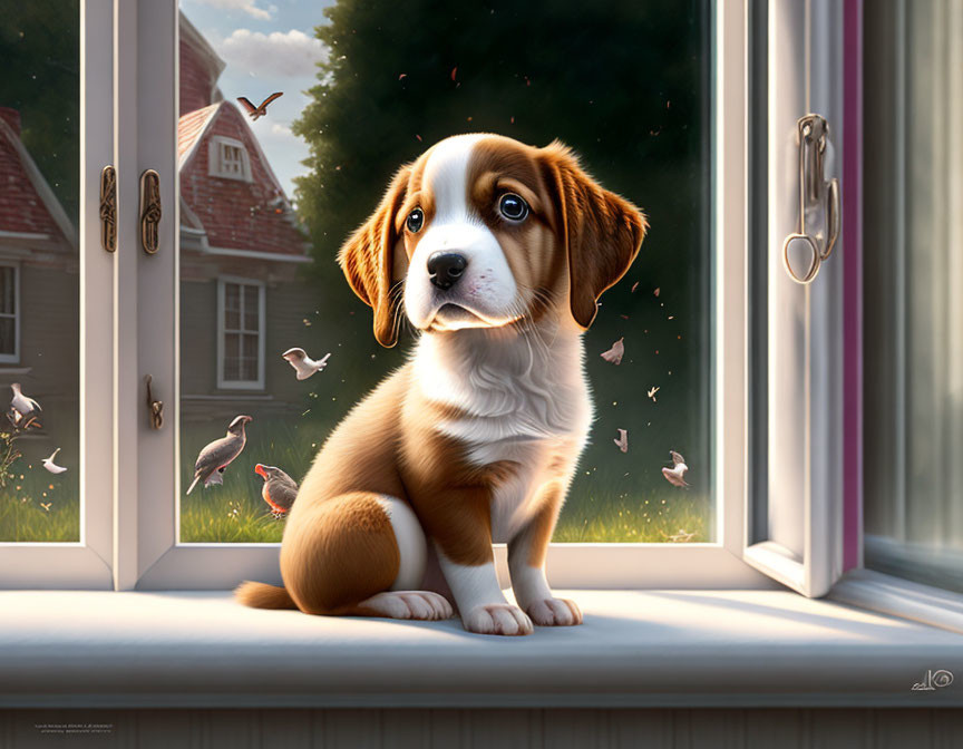 Brown and White Puppy Watching Birds on Sunny Windowsill