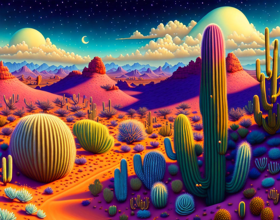 Stylized desert landscape with cacti, hills, starry sky