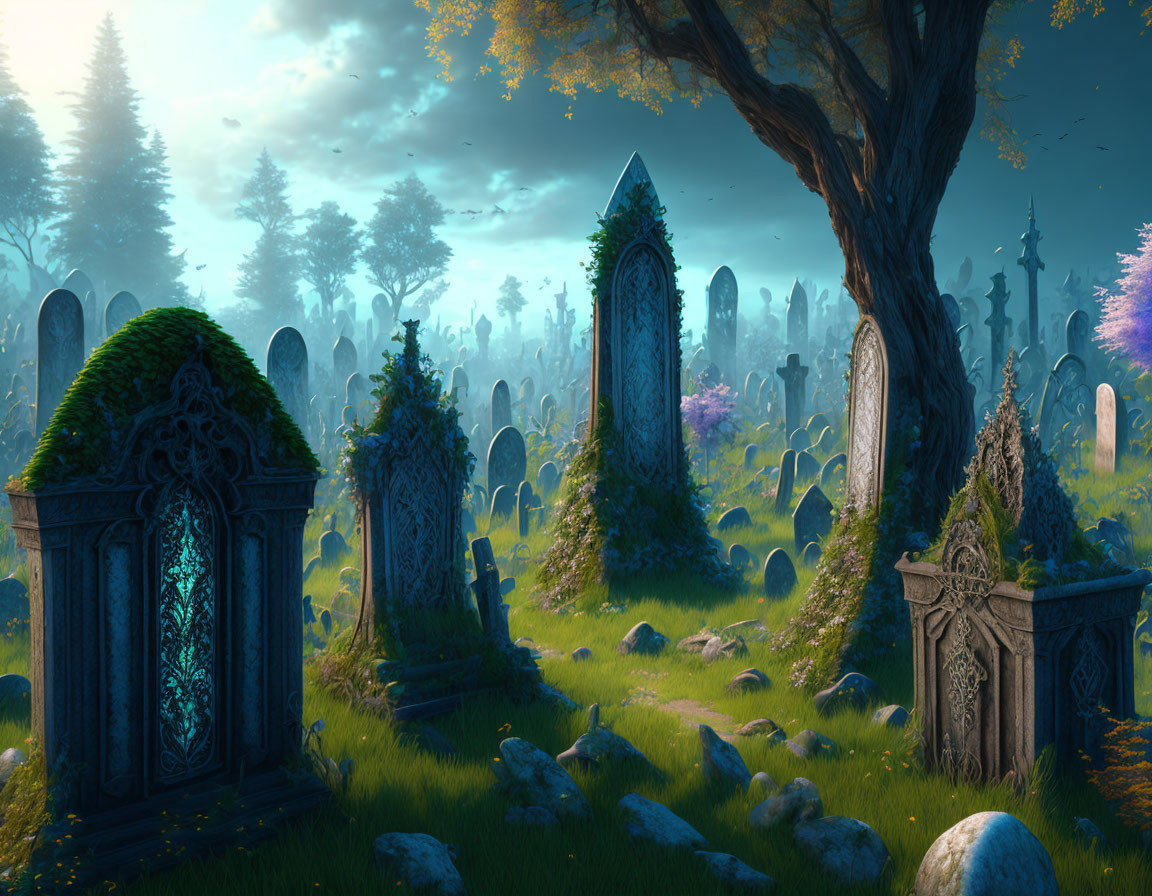 Fantasy graveyard at twilight with ornate tombstones and vibrant blue flora