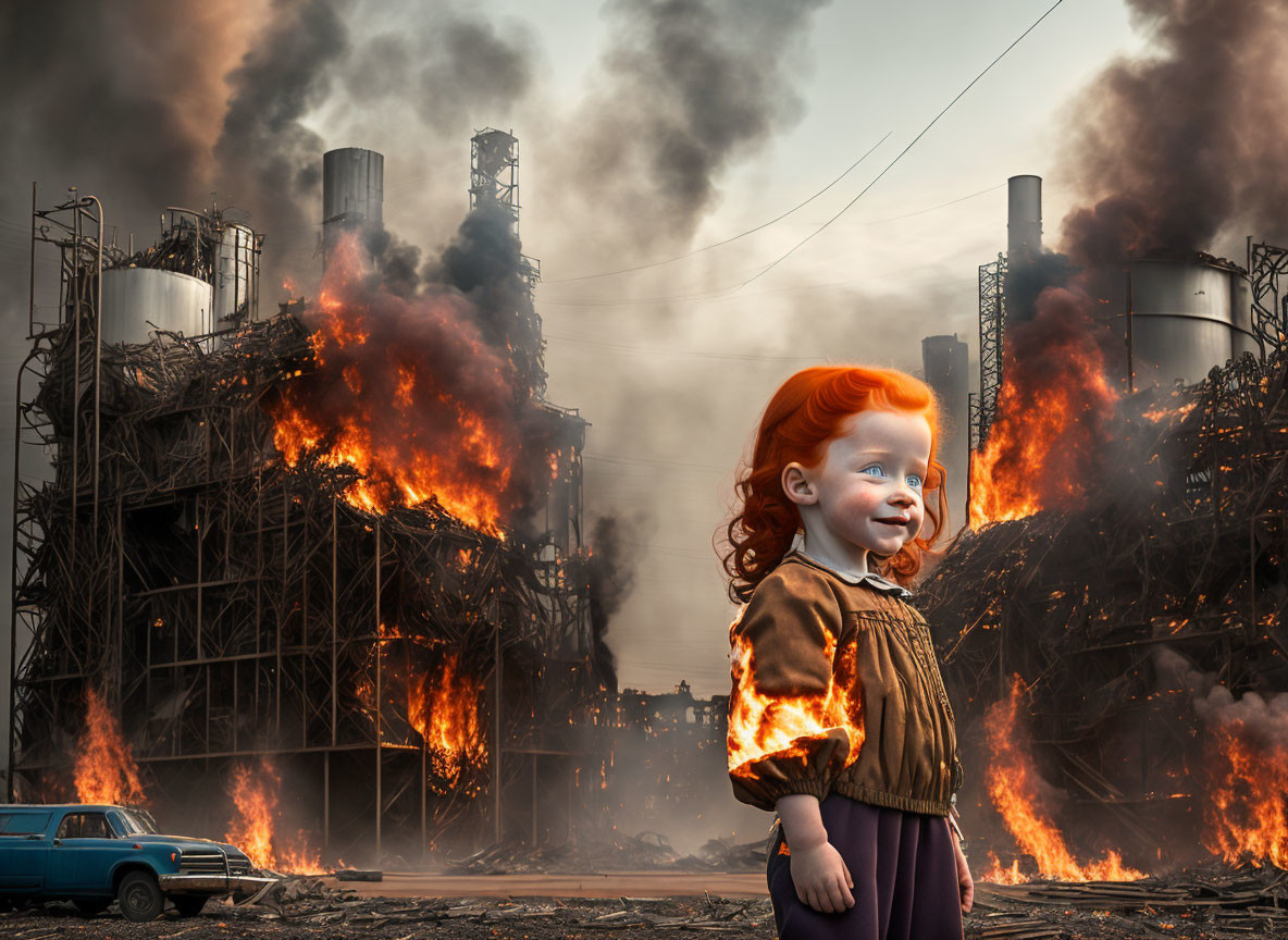 Red-haired child smiling in front of raging industrial inferno