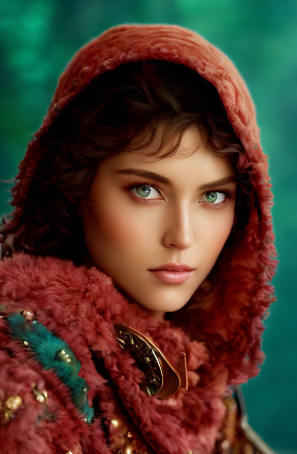 Portrait of Woman with Striking Green Eyes in Red Hooded Garment