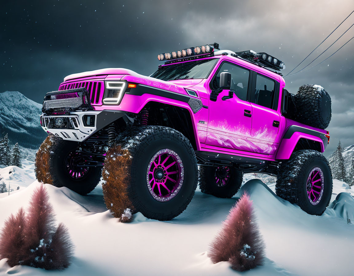 Pink off-road vehicle with oversized tires in snowy landscape at dusk