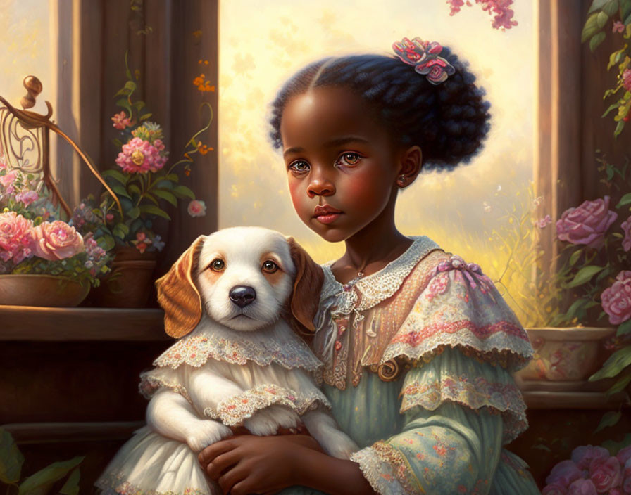 Young girl with big eyes holding a puppy among rose bushes at sunset