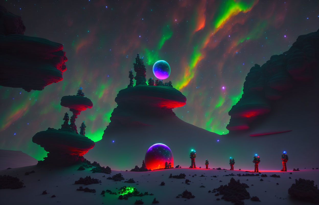 Vibrant auroras light up surreal night landscape with floating rocks, glowing orbs, and alien figures