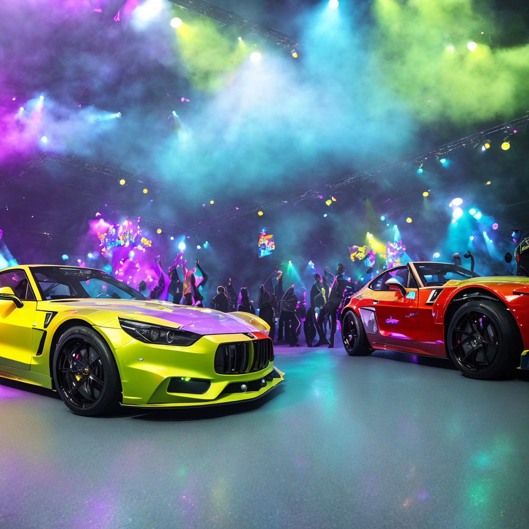 Vibrant sports cars at lively event with colorful lights and crowd