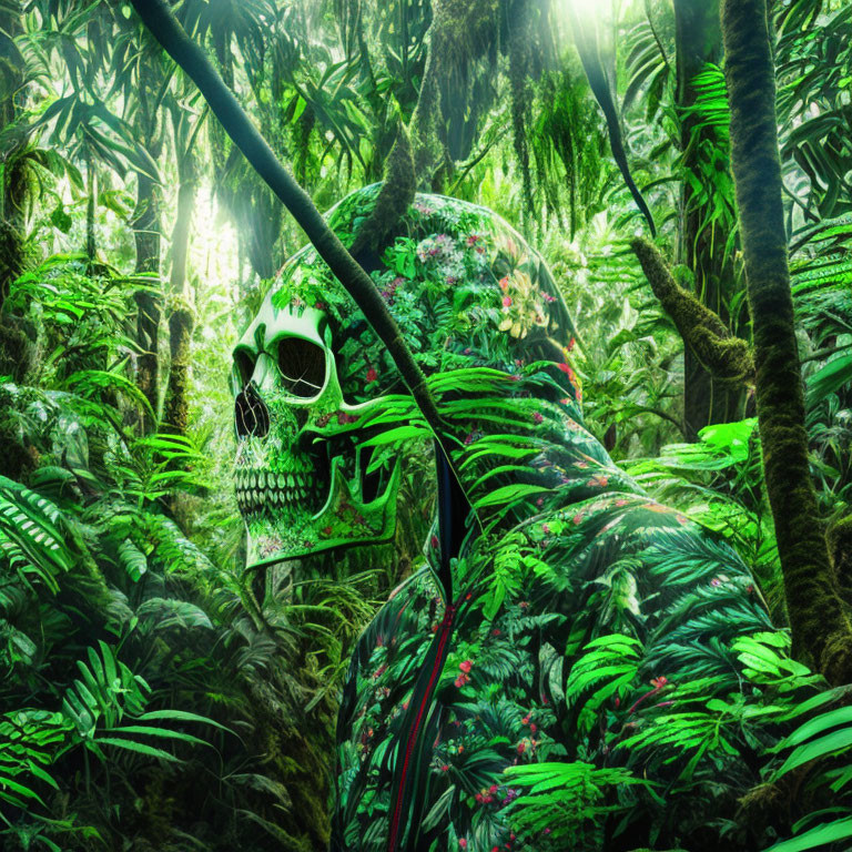 Human skull with vibrant jungle foliage in lush green forest symbolizes unity of life and death.