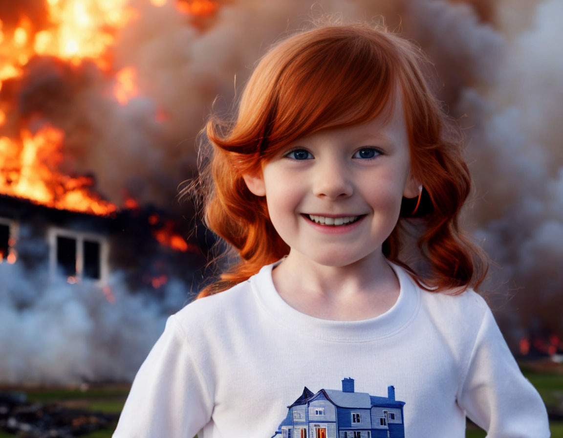 Red-haired girl smiles in front of burning house with flames and smoke