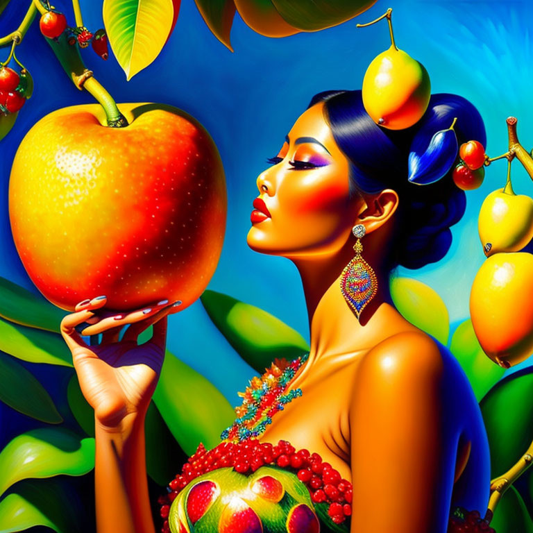 Colorful makeup and jewelry woman with large apple in fruit tree backdrop