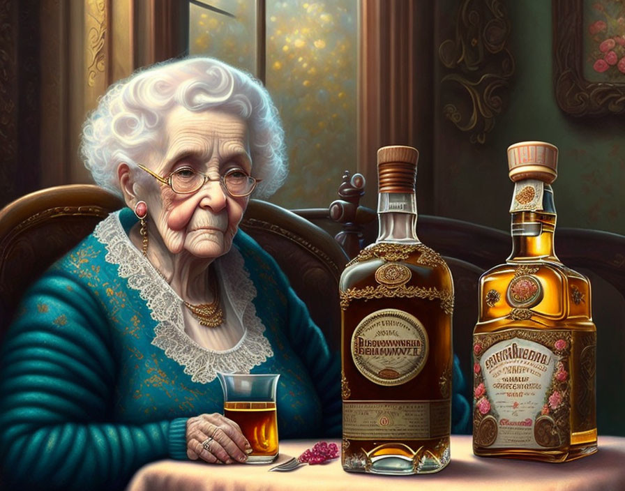 Elderly lady with glasses and white hair next to alcohol bottles and glass