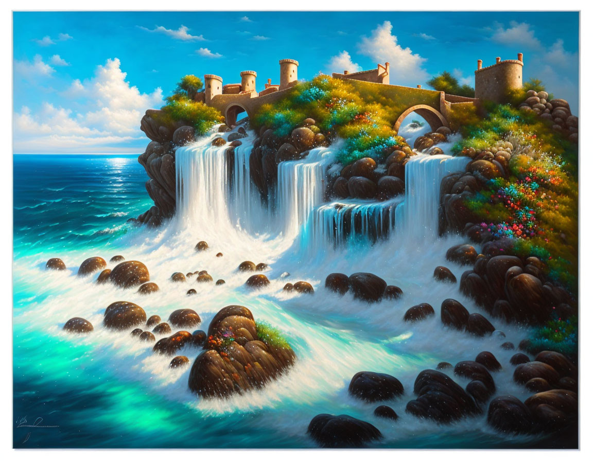 Picturesque coastal scene with waterfall, stone castle, lush greenery, and colorful flowers.