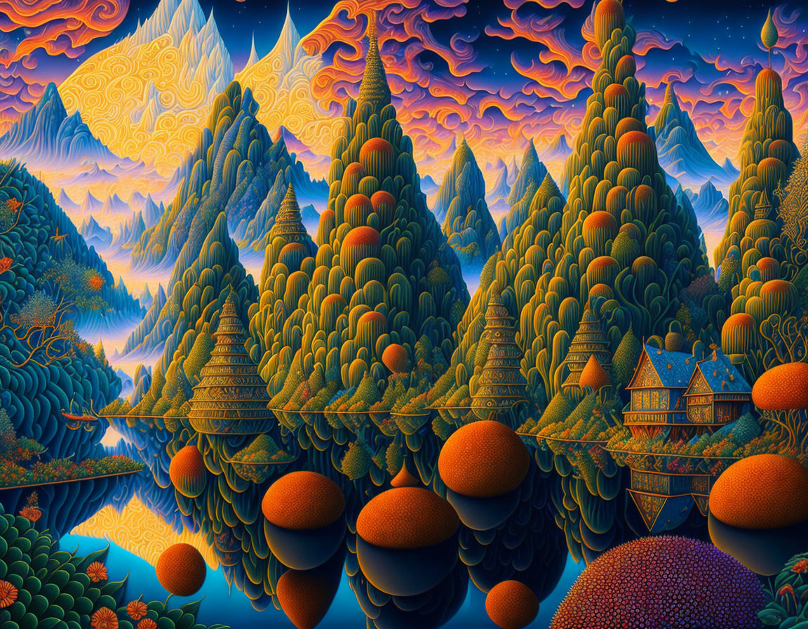 Surreal landscape with stylized trees, hills, lake, houses & celestial elements