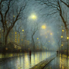 Misty illuminated street with glowing lamps and falling leaves.