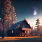 Cozy wooden cabin in forest under starry sky and crescent moon