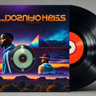 Man holding circular light with city skyline and vinyl record on album cover