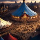 Vibrant festival night scene with elaborate tents and crowds